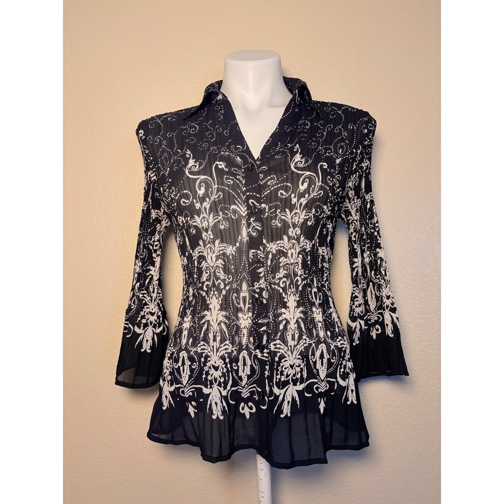 Y2K Separates New York City Design Co Damask Pleated Bell Sleeve Blouse M #11